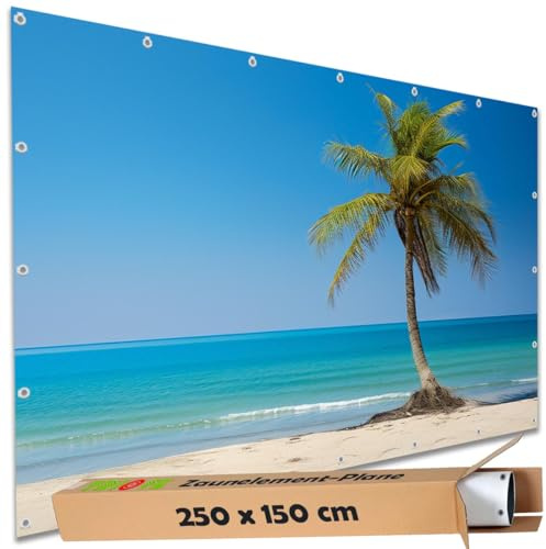 TRIOSK Sichtschutz Garten Deko Zaun Plane Blickdicht groß mit Zaunblende Motiv Strand Meer Karibik Palme für Balkon Terrasse Zaunelement Doppelstabmatten Gartenzaun PVC 250x150 cm
