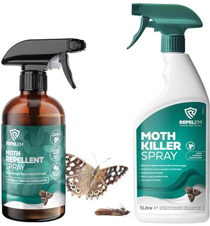 REPELEM 1L Moth Killer Spray - Fast Acting Moth Repellent & Insect Killer, Kills Moths at All Life Stages, Professional Strength Permethrin Spray, Large Clothes & Carpet Moth Treatment