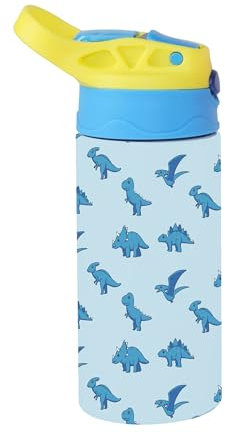 Docliick - Botella agua Acero Inoxidable niños. Térmica 350ml.Botella con dibujos originales exlusivos. Botella Niños colegio pajita. Dibujo Patrones Dinosaurios