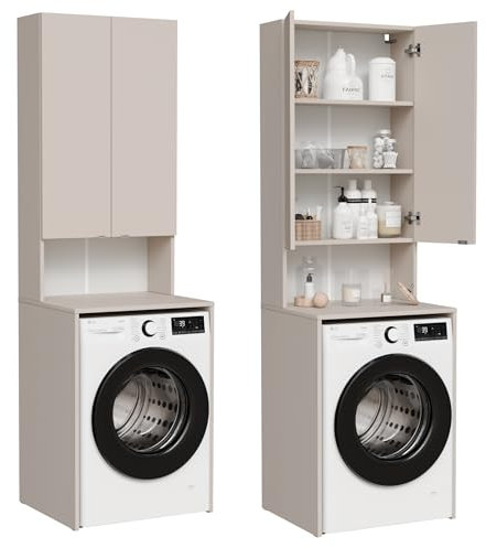 PLATAN ROOM Armadio per lavatrice e asciugatrice, 210 x 65 x 50/56 cm, bianco (cashmere (beige), profondità 56 cm)
