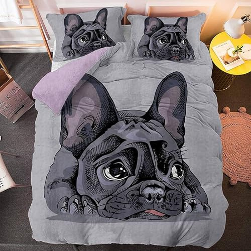 Qiwagu Bettwäsche 135x200 Süßer Hund, Bettwäsche-Sets FranzöSische Bulldogge aus Microfaser, Bettbezug 135 x 200 und 1 Kissenbezug 80x80 cm, Z21