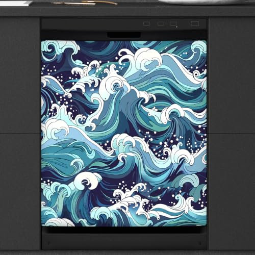 Vintage Ocean Waves Dishwasher Magnet Cover, Magnetic Fridge Panel Decal, Decorative Washing Machine Cabinet Magnetic Sheet for Kitchen Appliance 26x23 In