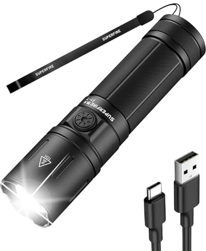 SuperFire LED Taschenlampe USB C Aufladbar 500000 Lumen,Zoombare mit 5 Lichtmodi,mini taschenlampe IPX6 Wasserdicht, Vollaluminium, Premium-Lampenperlen mit Überhitzungsschutz für Camping Notfall