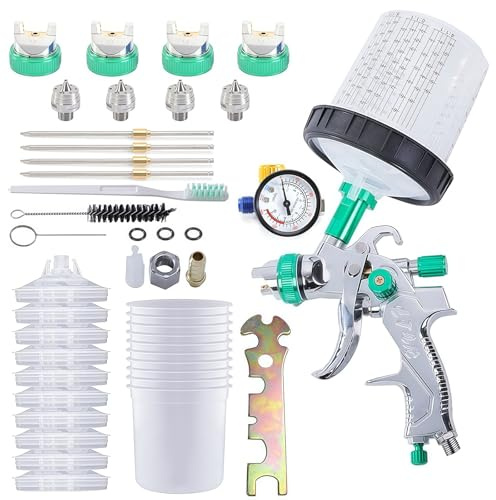 HVLP Lackierpistole Spritzpistole Kit mit 4 Düsen 1.4mm, 1.7mm, 2.0mm, 2.5mm Lackierpistole Druckluft Farbspritzpistole mit 10 Stück 600ml Einweg Mischbecher EnthaltenZubehör für Sofa, Möbel, Auto