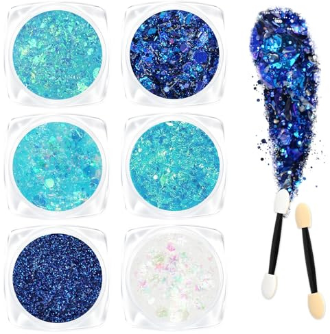 AOOWU Body Glitter Gel, 12 Farben Festival Glitzer Gesicht Gel Pailletten mit Pinsel, Karneval make up Glitzer Face Body Glitter Schminke für Halloween Birthday, Blaue Meerjungfrau#15