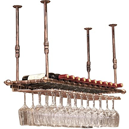 DRFGNF Weinflaschenhalter im Vintage-Stil mit hängendem Glasregal, dekoratives Weinlagerregal aus Eisen für Sektgläser, stilvolles Deckendisplay für Weinflaschen und Gläser, Bro