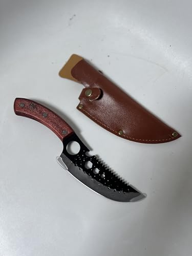 Couteau multifonction avec Étui personnalisé en Cuir Marron, Manche en Bois Rouge, Lame Perforée en Acier