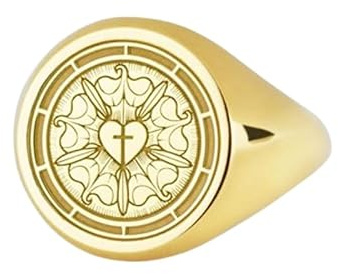 WORLD WIDE GEMS Lutherrose Siegelring, Martinsiegel, lutherisches Kreuz, Amulett, Schutzlutheranismus, religiöser Charme, 925er Sterlingsilber (Ringgröße 5–12,5), vergoldet, WW_PDR_00223, 14x14mm