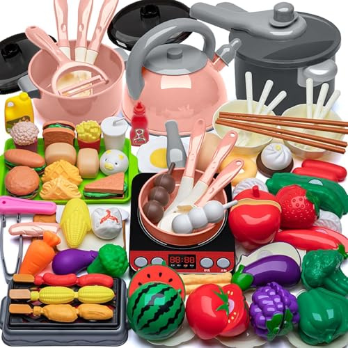 JUQG 76 Pcs Accesorios de Juguetes de Cocina para Niños, Juguetes de Cocina con Ollas y Sartenes, Juego de Roles de Chef Infantil para Niños y Niñas de 3 4 5 6 7 8 Años