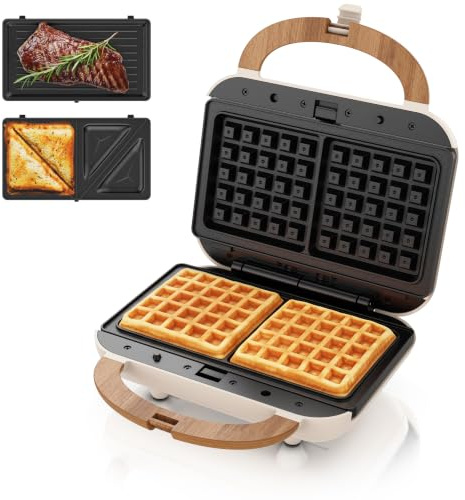 Arendo - Waffeleisen Belgische Waffel doppelt - 3in1 Sandwichmaker Kontaktgrill mit abnehmbaren Platten - 2 Zonen - mit Antihaftbeschichtung - BPA frei - Temperaturkontrolle – Sandwichtoaster