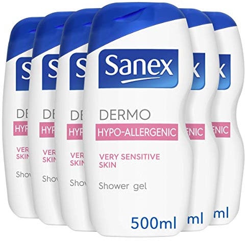 Sanex Dermo Hypo-Allergenic Shower Gel 500 ml Pack of 6, For Very Sensitive Skin, No Colourants or Soap, For Delicate Skin (6 x 500 ml)