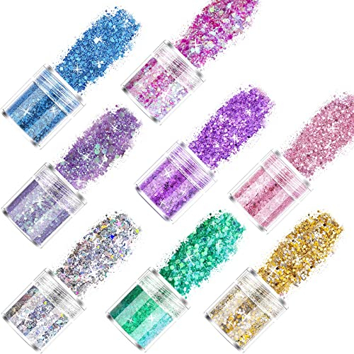 12 Pack Ariel-gxr Glitter for Eyes Cheek Hair Nails Lips Makeup, Festival Face Glitters Chunky for Party Christmas, Cosmetic Body Beauty Glitter Sparkling Crafts Decorations