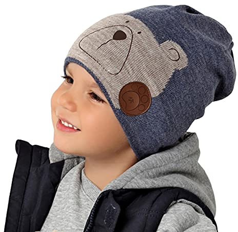 AJS Jungen Wintermütze Beanie Kindermütze Bärenmotiv, Farbe: Jeansblau