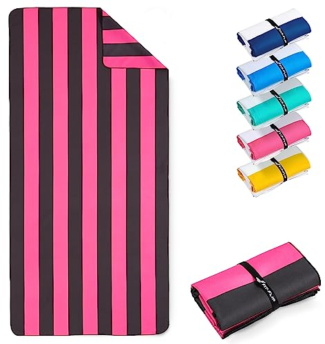 Fit-Flip Strandtuch XXL - Mikrofaser Badetuch - Strandtücher leicht und schnelltrocknend - 100% recyceltes Mikrofaser Handtuch - Strandhandtuch zum Baden (Pink-Dunkelgrau gestreift 160x90cm)