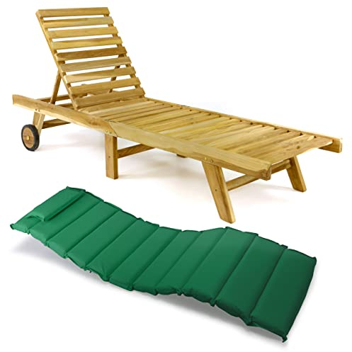 Divero Sonnenliege mit Auflage Set Relax-Liege Holzliege Gartenliege Teakholz Natur inkl. Räder, verstellbares Kopfteil, Auflage grün