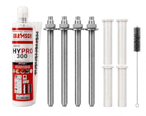 Schwerlastbefestigung SET M6x110mm EDELSTAHL A4 - Verbundmörtel Hypro 300 ml+ 4 Gewindestangen + 4 Siebhülsen 12x80mm + Zylinderbürste/Klebeanker Ankerstangen