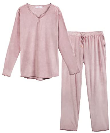 OCCIENTEC Pigiama da Donna in Pile, Set da 2 Pigiama con Top a Maniche Lunghe e Pantaloni, Pigiama Donna Caldo Inverno, Rosa,L