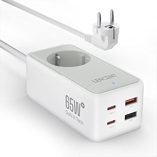 LENCENT Cargador USB C y PD 65W, Cargador Rápido GAN III Tech con 1 Toma de CA + 4 Puertos de USB, Estación de Carga USB C de Cable para iPhone, iPad, Macbook, Galaxy, Huawei, Switch y más, Blanco