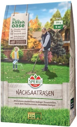 SPERLI's Nachsaatrasen RSM 3.2 0,25 kg für 9 m² - Rasensamen, Grassamen schnellkeimend - ökologisch umhülltes Saatgut, hohe Regenerationsfähigkeit für lückige Rasenstellen bei der Samen Anzucht