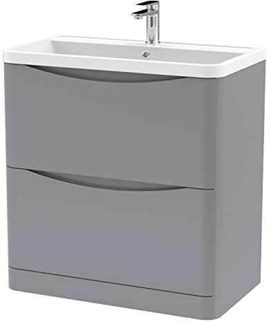 nuie LUN203 Lunar Modern Bathroom Floor Standing 2 Drawer Vanity Basin Unit with Polymarble Basin, 800mm, Satin Grey