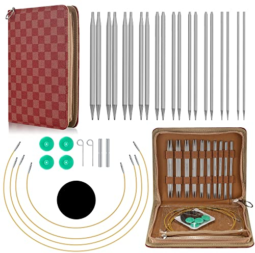 Austauschbare Rundstricknadeln Set, 10 Paar Tragbare Edelstahl Stricknadeln(2.8-6.0mm), Abnehmbarer Pullover Stricknadel Werkzeuge Set mit Roter PU Stricknadeltasche