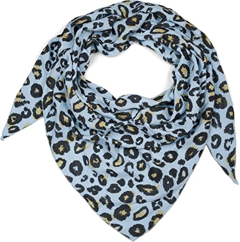 styleBREAKER Damen Musselin Dreieckstuch mit Leo Print | Baumwoll Schal im Leoparden Muster | Dreieck Schal leicht und weich für Frühling & Sommer | Made in Italy, Farbe:Hellblau
