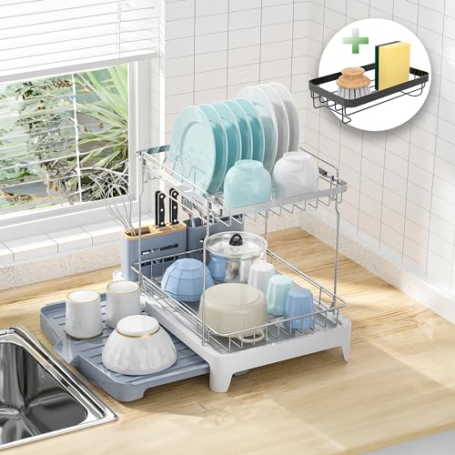 NURADA - Escurreplatos Acero Inoxidable - Escurridor de Platos 2 Alturas + Organizador Fregadero - Escurridor Fregadero Extensible para Platos y Vasos - Escurre Platos Antióxido con Drenaje de Agua