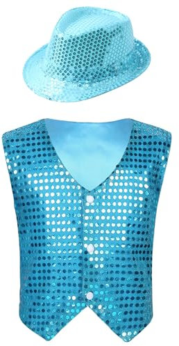 TiaoBug Jungen Pailletten Anzug Weste Festlich Tops mit Knopf Kinder glänzend Gilet Anzugsweste Party Hochzeit Kostüm zur Fasching Performance Hellblau mit Hut D 146-152
