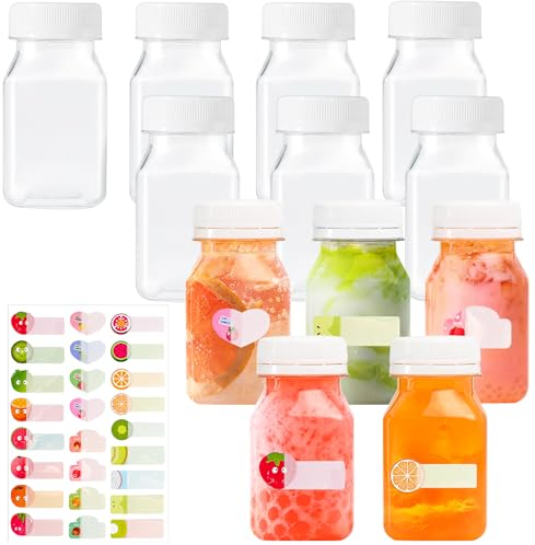 12 Mini Bouteille Bouteilles En Plastique Vides De 120ml, Bouteilles De Jus En Plastique Avec 1 éTiquette De Fruit, Récipients RéUtilisables Transparents Avec Couvercles Pour Le Jus, Petite Eau Blanc