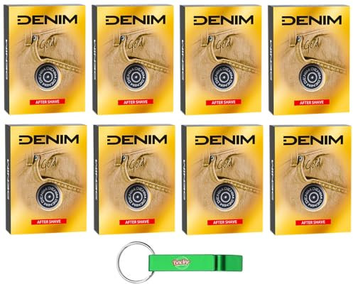 8 x DENIM Classic After Shave Gold, After Shave Perfekt, um die Haut frisch zu halten, 100 ml + Schlüsselanhänger von Beni Culinari