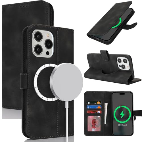 Zouzt Wallet Case for iPhone 15 Pro, for Magsafe, Vintage Black | Premium PU Leather, with Credit Card Holder Slot, Shockproof TPU Shell, Magnetic Closure, Flip Folio Phone Cover, Women Men