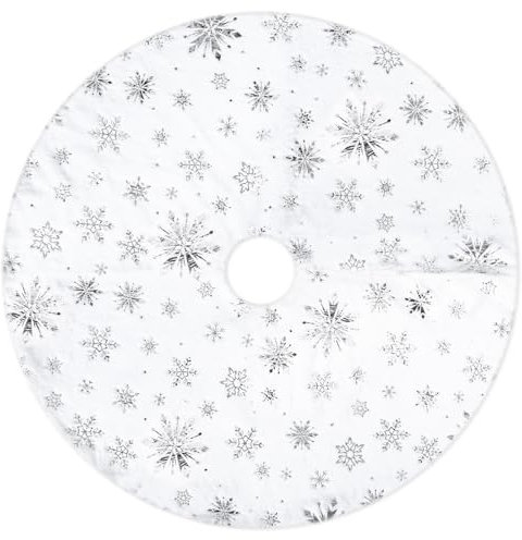 HOWAF Gonna Albero di Natale 90CM Tappeto Albero di Natale Bianco Peluche Copri Base Albero Natale con Fiocco di Neve Argentato Tappeto sotto Albero Natale per Decorazioni Albero di Natale