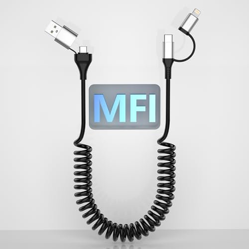 Cavo da USB a USB C e Lightning 4 in 1 a spirale per Apple CarPlay e Android Auto - Cavo iPhone e USB C con sincronizzazione dati CarPlay e ricarica rapida per iPhone/Android/iPad/Laptop 3Ft, Nero