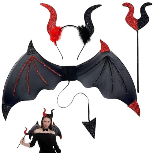 MEZHEN Halloween Decorazione Halloween Costume Ali Diavolo Copricapo Forcone da Diavolo Bambini Gioco di Ruolo Festa di Halloween Carnevale