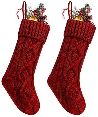 Fesciory Weihnachtsstrümpfe, 45,7 cm, Zopfstrick, große Größe, Weihnachtsstrumpf, Geschenke und Dekorationen für Familie, Urlaub, Weihnachtsfeier, Rot, 45,7 cm, 2 Stück