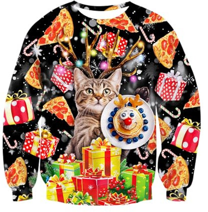 Loveternal Ugly Weihnachtspullover Herren 3D Druck Hässliche Christmas Sweater Langarm Xmas Pizza Katze Pullover Jumper XL