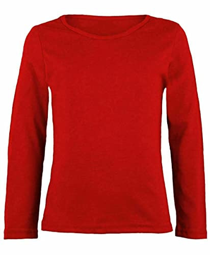 FASHION MY LOVE Girls Boy Kids Plain Basic Long Sleeve Round Neck T-Shirt Stretch School Tee Top Kids Long Sleeve Round Neck T-Shirt Stretch Uniform PE School Tee Top 2-13 Years Red