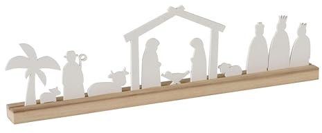 Spetebo Holz Weihnachtskrippe Silhouette weiß Natur - 50 x 14 cm - Weihnachts Deko Aufsteller Krippen Szene - Dekoaufsteller Krippen Figuren Weihnachtsdeko Adventdeko Tischdeko