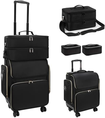Kosmetikkoffer Trolley mit 360° Drehbaren Rädern, Friseurkoffer mit Abnehmbarer Tasche, Wärmeisolierung Kosmetik Trolley für Friseur, Groß Beauty Case Schminkkoffer Beautycase (Kombination B, Schwarz)