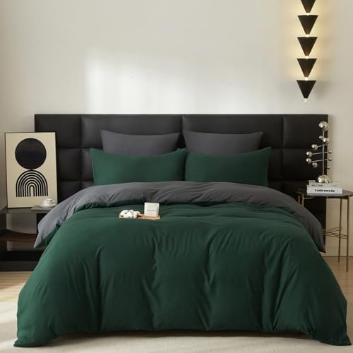 Gezu Bettwäsche Baumwolle Grau 220x240cm Grün Dunkelgrün 3Teilig Baumwolle Atmungsaktiv Weich Fein Bettwäsche Set Wende Bettwäsche Bettbezug 240x220cm und 2 Kissenbezug 80x80cm mit Reissverschluss