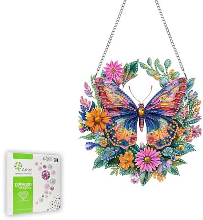 Ginfonr Diamond Painting Kits Anhänger Schmetterling Sommer-Dekoration für Türdeko, Spezialform Strasssteine Blume Fensterdeko Hängend, Doppelseitige Fenster Deko Hängen für Fenster (20 * 20 cm)