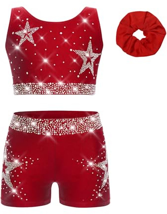 TiaoBug Mädchen Sport Crop Top und Kurze Hose Set mit Haargummi Tanz Gymnastik Turnen Outfits Glitzer Strasssteine Zweiteiler Leotard Sportbekleidung