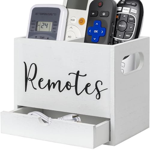 Remote Control Holder, Wooden Tv Remote Holder for Table, Desk Organizer with 2 Compartment and Drawers for TV & Office Supplies (White)