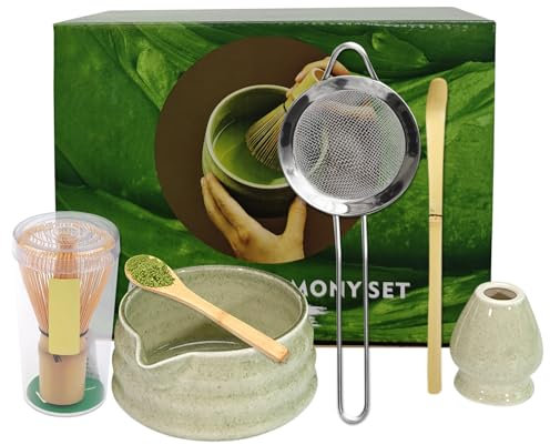 KIPTVO 6pcs Matcha Whisk Set, Ceramic Matcha Bowl with Spout,Matcha Whisk and Bowl Set, with Holder/Scoop/Sifter, for Making Breakfast/Matcha Latte, Women, Men, Friends, Gift for Matcha Lover