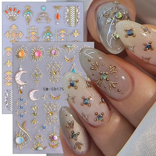 Shimmerz 2 Sheets Bohemian Style Nail Decals Relief Star Nail Art Stickers 5D Self-Adhesive Sun Moon Nail Stickers Bohemian Nail Design