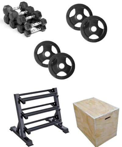 Shark Power Gear Hex Dumbbells (2.5kg to 22.5kg) with L3 Rack, Tri-Grip Weight Plates (1.25kg & 2.5kg), Small Wooden Plyometric Jump Box