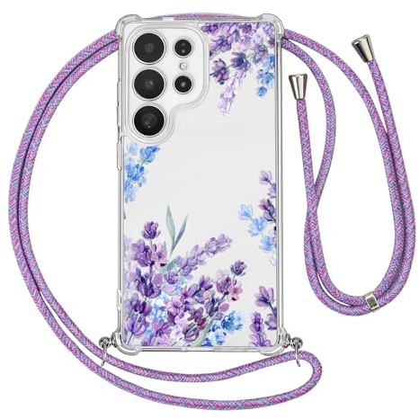 Ciciber Ttusy Coque de protection en silicone avec chaîne pour téléphone portable pour Samsung Galaxy S23 Ultra avec cordon, motif transparent fleurs, coque souple avec cordon à porter autour du cou