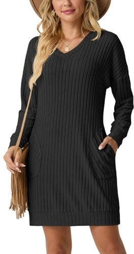 PrinStory Pulloverkleid Damen V-Ausschnitt Langarm Freizeitkleider Mit Taschen Herbst Winter Strickkleid