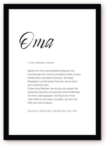 OHM® Poster & Kunstdrucke – Oma – DIN A4 Wandbild mit Rahmen | hochwertige Premium-Qualität inklusive Bilderrahmen schwarz, Geschenk zum Geburtstag Weihnachten etc.