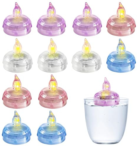 Pack of 12 LED Floating Candle Tea Lights - Waterproof Flameless Swimming Tea Lights 3.5 x 4 cm, Durable Warm White Light for Dinner, Wedding, Bathroom, Swimming Pool, Pond Decoration